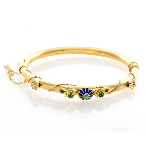 14Kt Yellow Gold Emerald Blue Enamel Bangle Bracelet