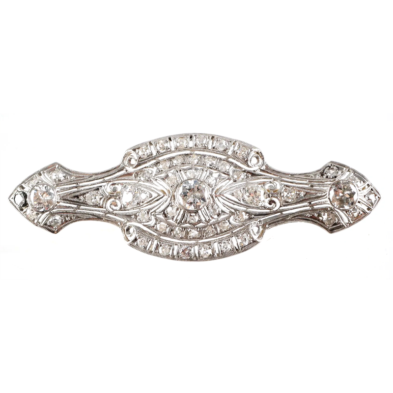 Victorian 18K White Gold & Diamond Filigree Brooch Pin